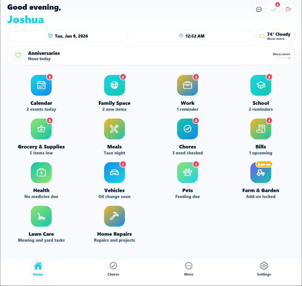 Daily Routine Help family organizer app dashboard screenshot